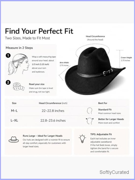 Wide Brim Cowboy Hat with 2 Detachable Bands, Felt, Adjustable main image 5